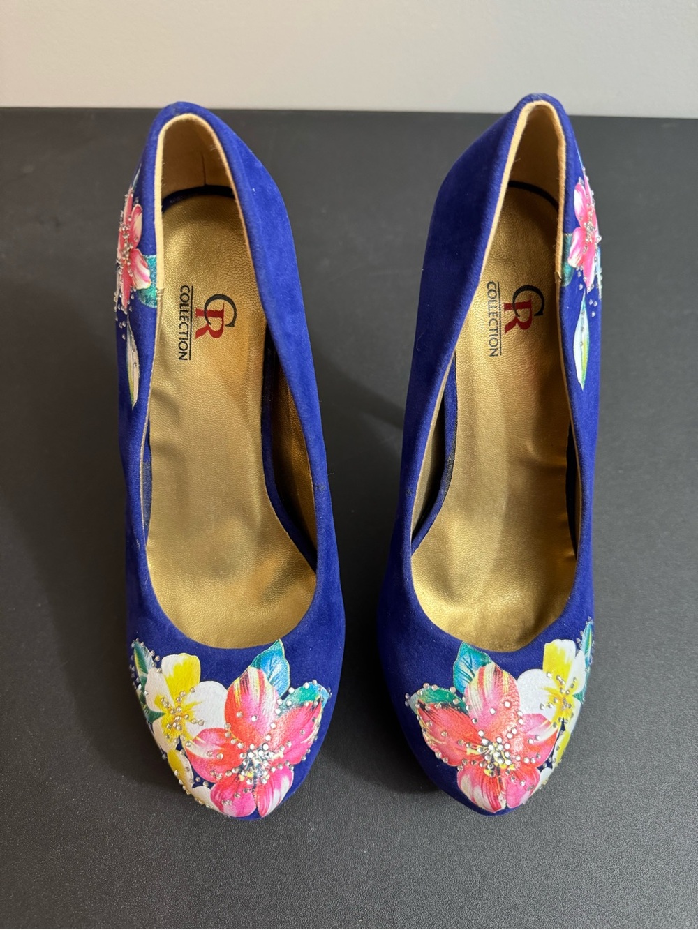 Blue Suede Floral Embellished Pumps
